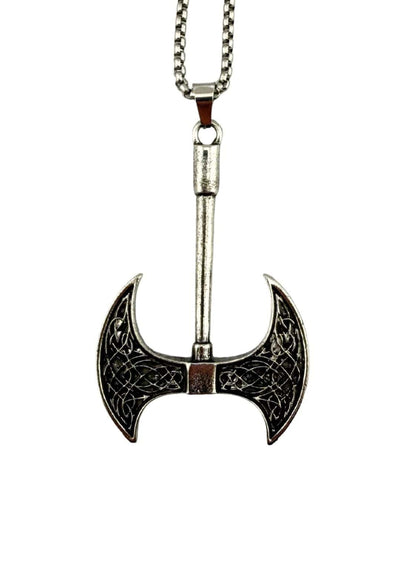 Silberfarbene nordic axe halskette mit doppelköpfiger axt und kunstvollem keltischem gothic knotenmuster