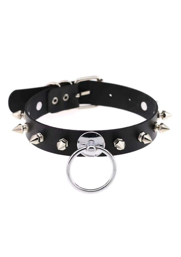 Schwarzes leder choker mit silbernen spikes und mittlerem ring normal spike slave choker ideal für spike slave fans