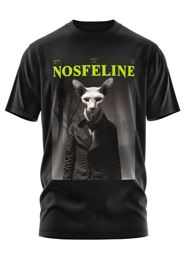 Schwarzes kurzarmshirt nosfeline mit gothic-horror sphinxartige katze in formeller kleidung und neongrünem logo