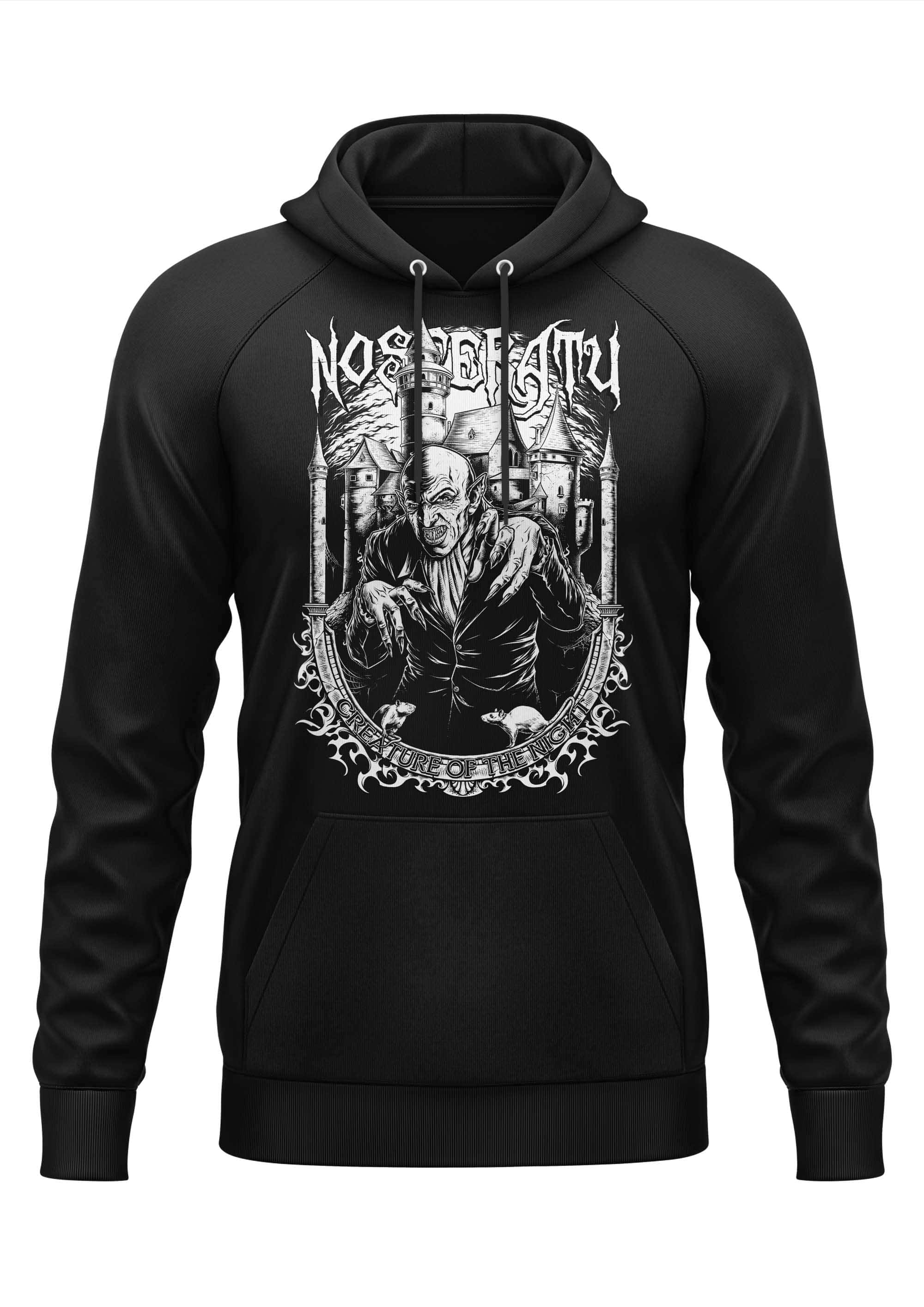 Schwarzer nosferatu hoodie mit detaillierter weißer gothic horror grafik und schriftzug dance of the dead