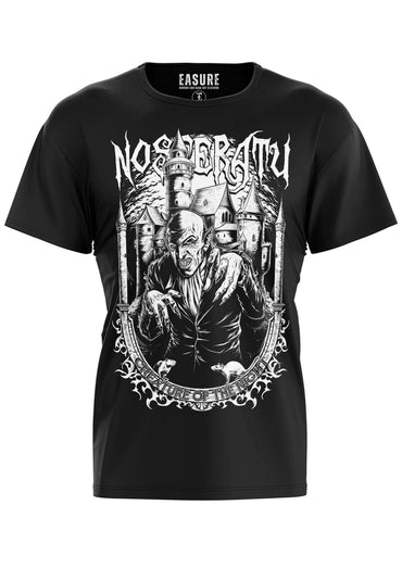 Schwarzes kurzarm-shirt mit detailliertem weißen nosferatu-horror-grafik und gotischer architektur
