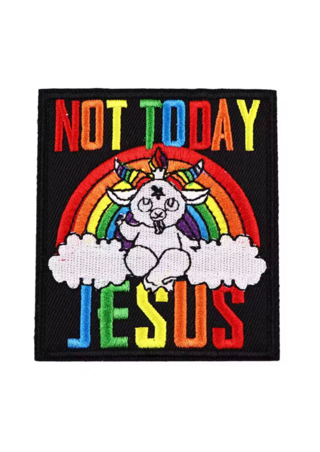 Einhorn-Patch mit Regenbogen-Design und Text ’nicht heute, Jesus’ auf schwarzem Hintergrund.