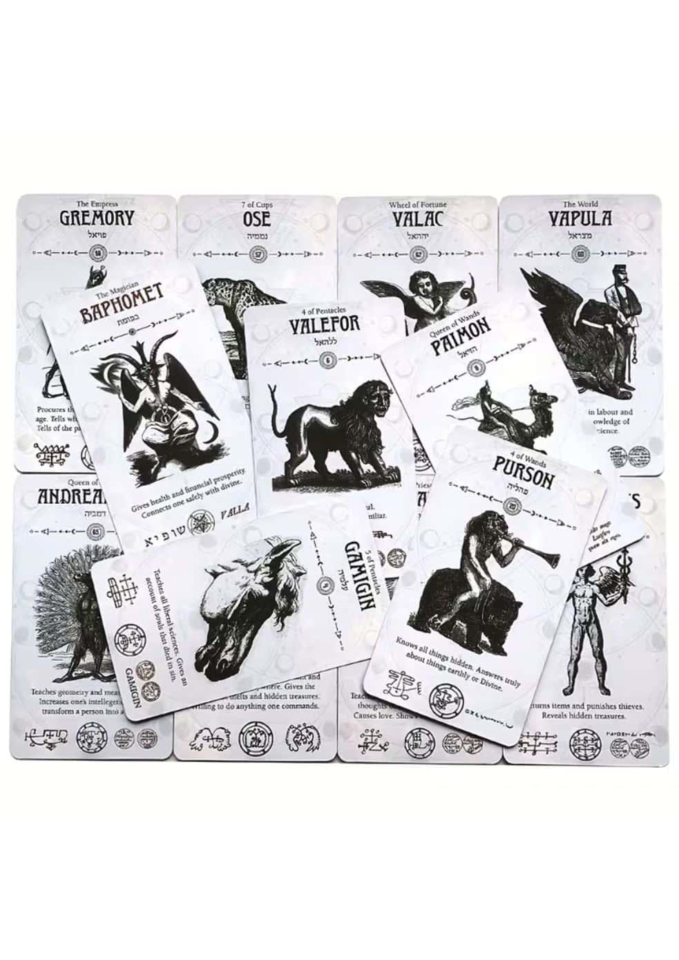 Ein set weiße rechteckige occult tarotkarten mit schwarzen tinteillustrationen lizenzierte bekleidung ltd