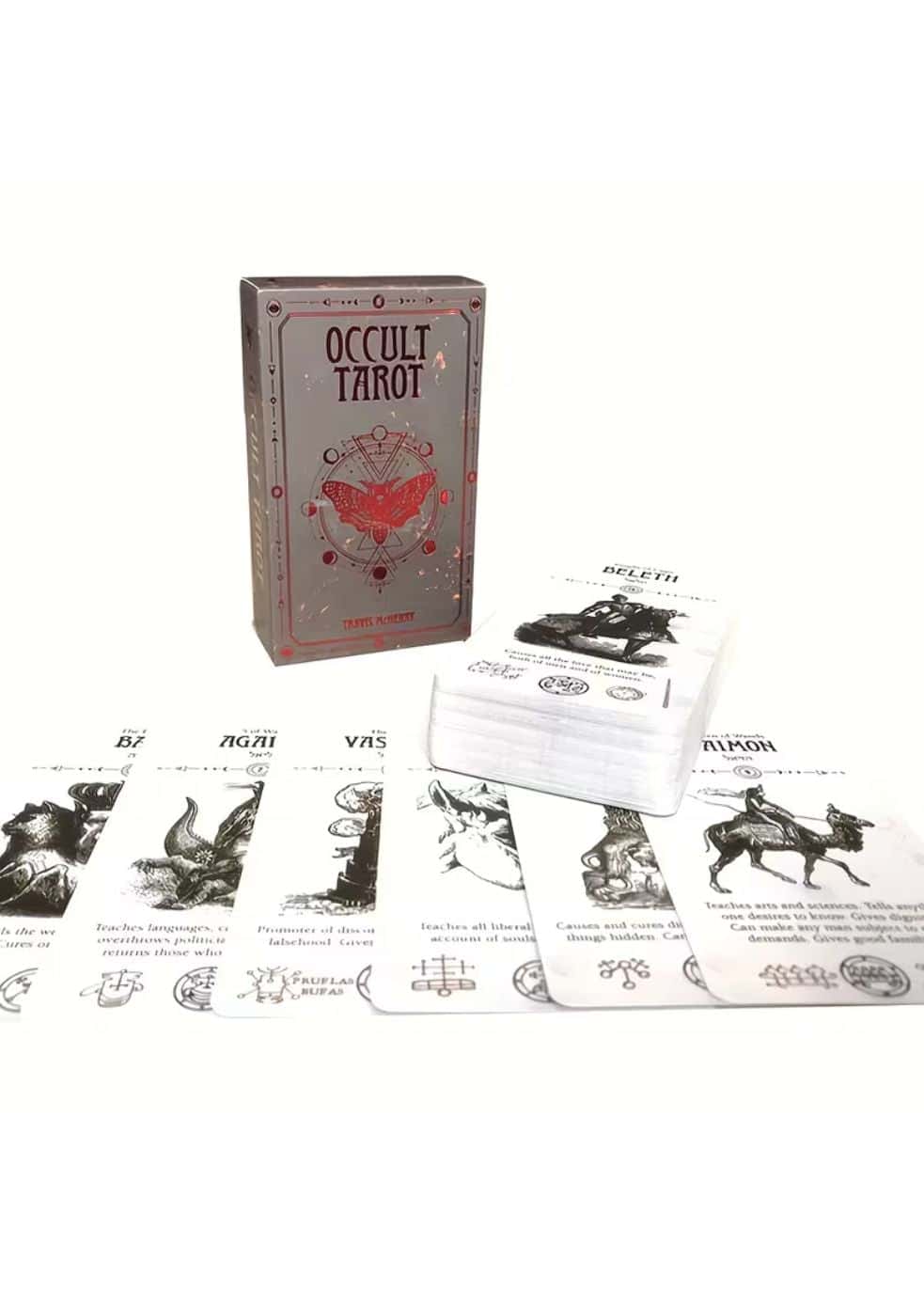 Occult tarot kartendeck in matter grauer box mit roten und schwarzen motiven und detaillierter schwarz-weißer kunst