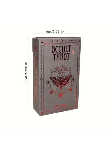 Silbergraue rechteckige occult tarot box mit rotem okkultmuster motte und geometrischen symbolen für lizenzierte bekleidung ltd
