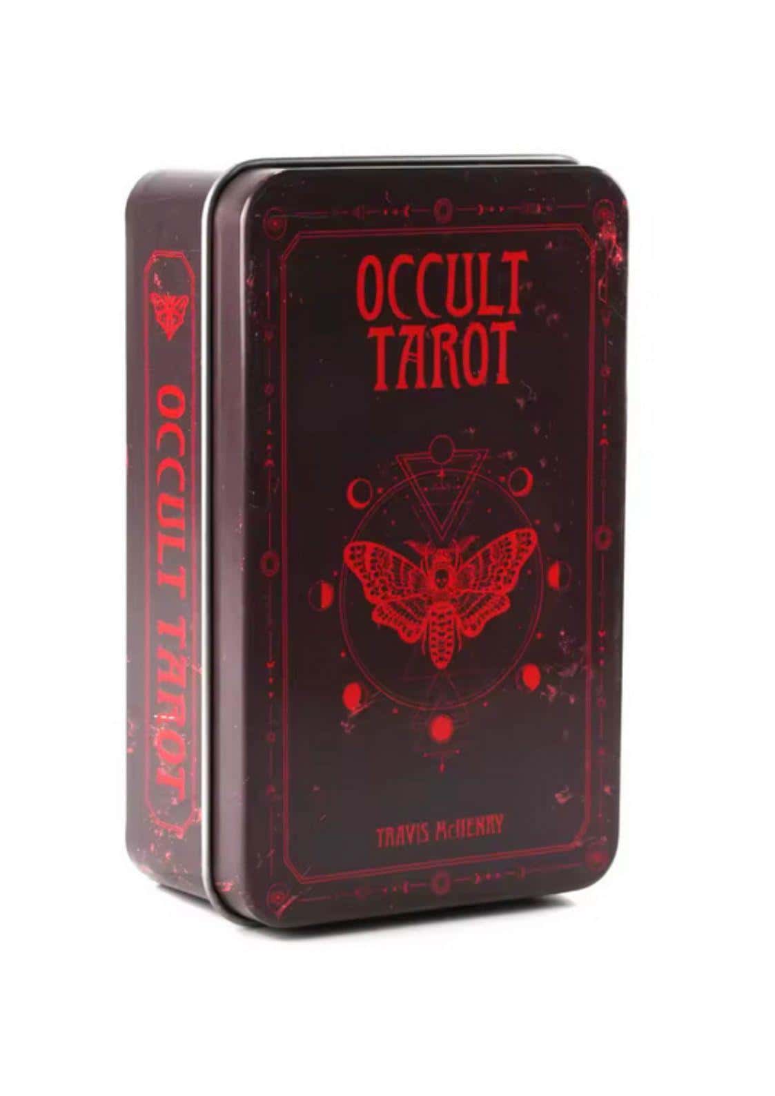 Schwarze metalldose mit rotem relieftext und moth design für occult tarot von travis academy hochwertige verarbeitung