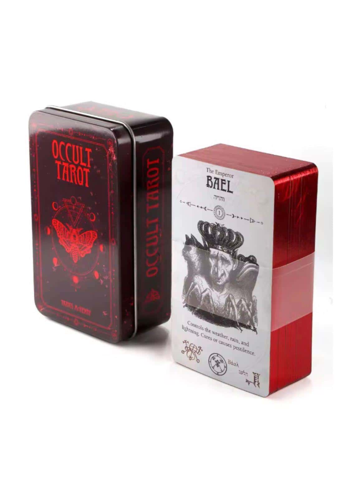 Rote metallische hochwertige tin box mit occult tarot design und prägung für tägliche legungen