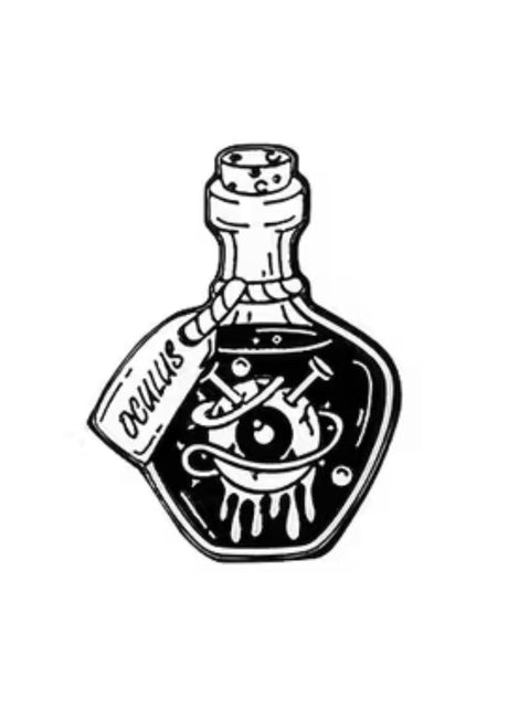 Eine Zaubertrankflasche mit einem Augapfel, Nadeln und einer Flüssigkeit darin.