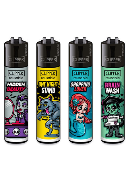 Vier Clipper-Feuerzeuge mit Cartoon-Motiven.