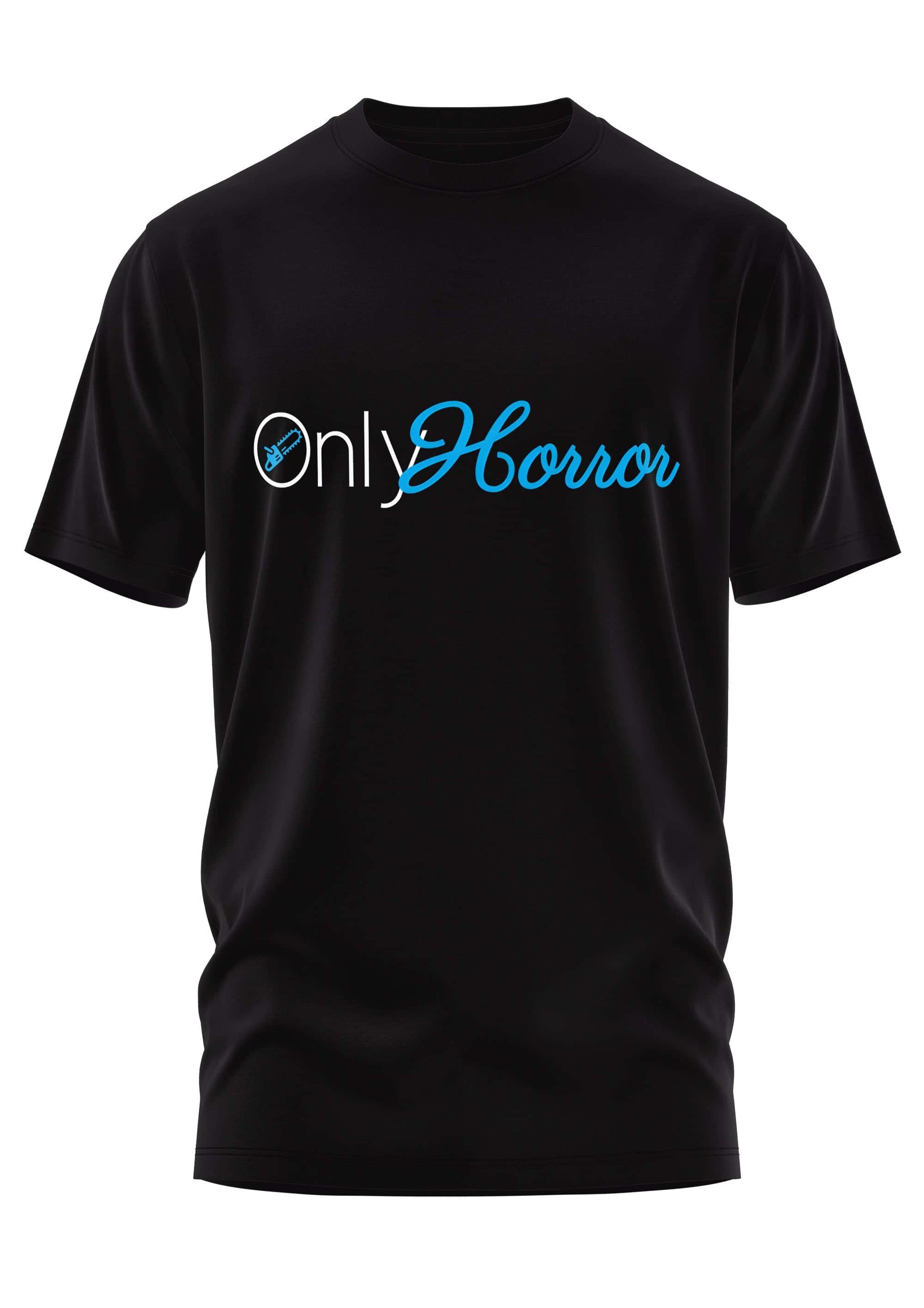 Schweres unisex t-shirt in schwarz mit only horror blue schriftzug in weiß und blau aus strapazierfähigem stoff