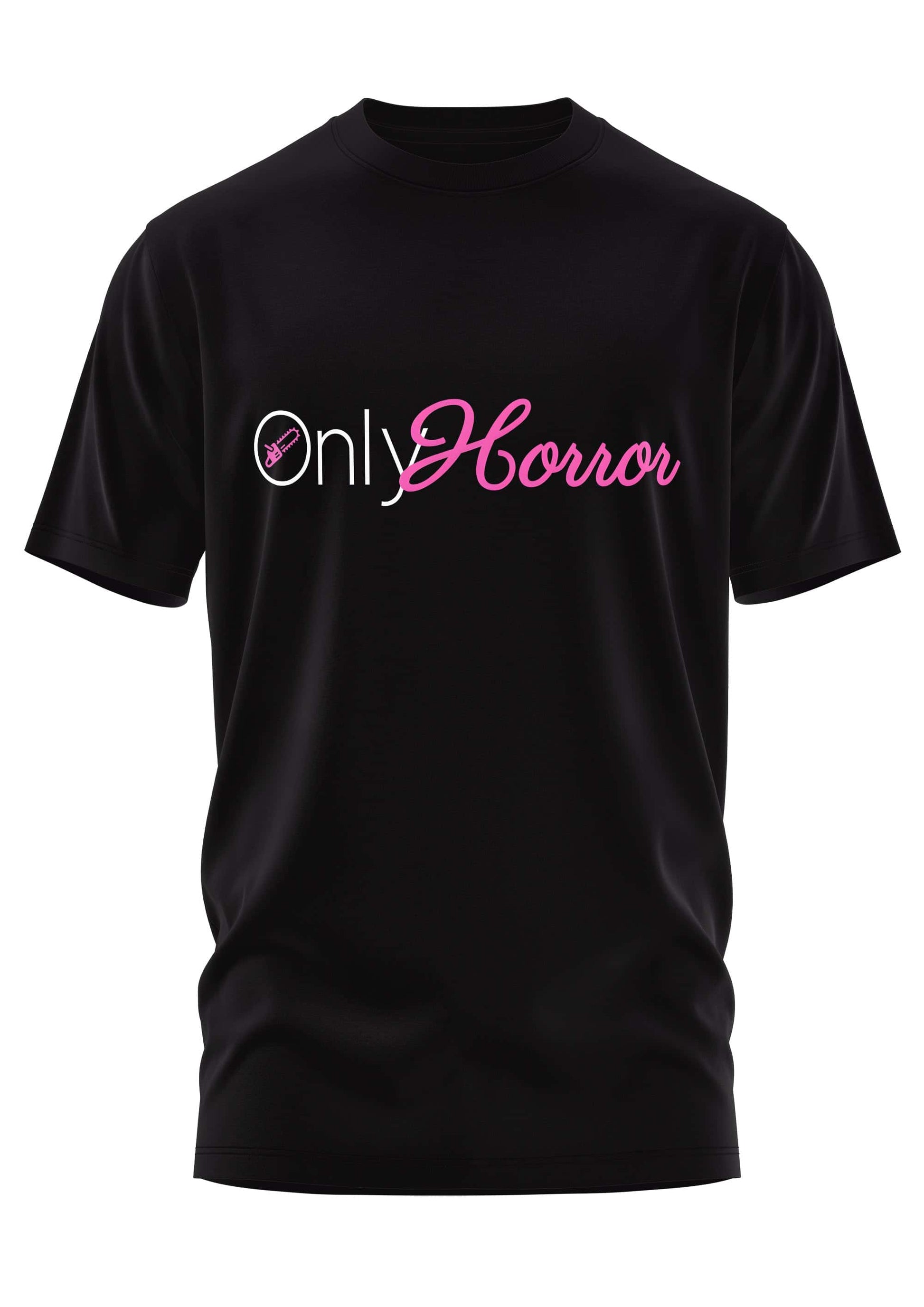Schwarzes schweres unisex t-shirt only horror pink mit pinker kalligraphie und strapazierfähigem stoff