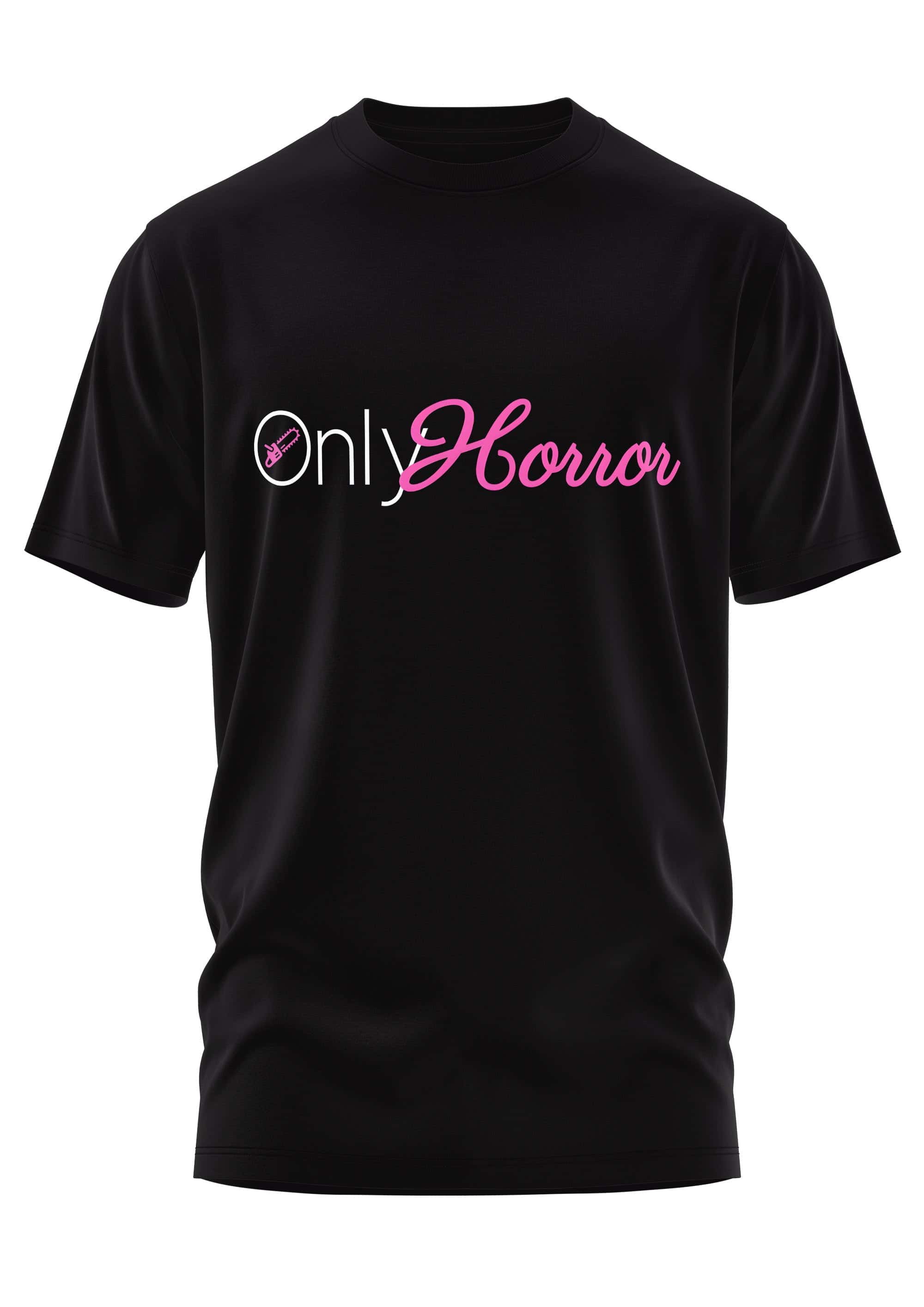 Schwarzes schweres unisex t-shirt only horror pink mit pinker kalligraphie und strapazierfähigem stoff