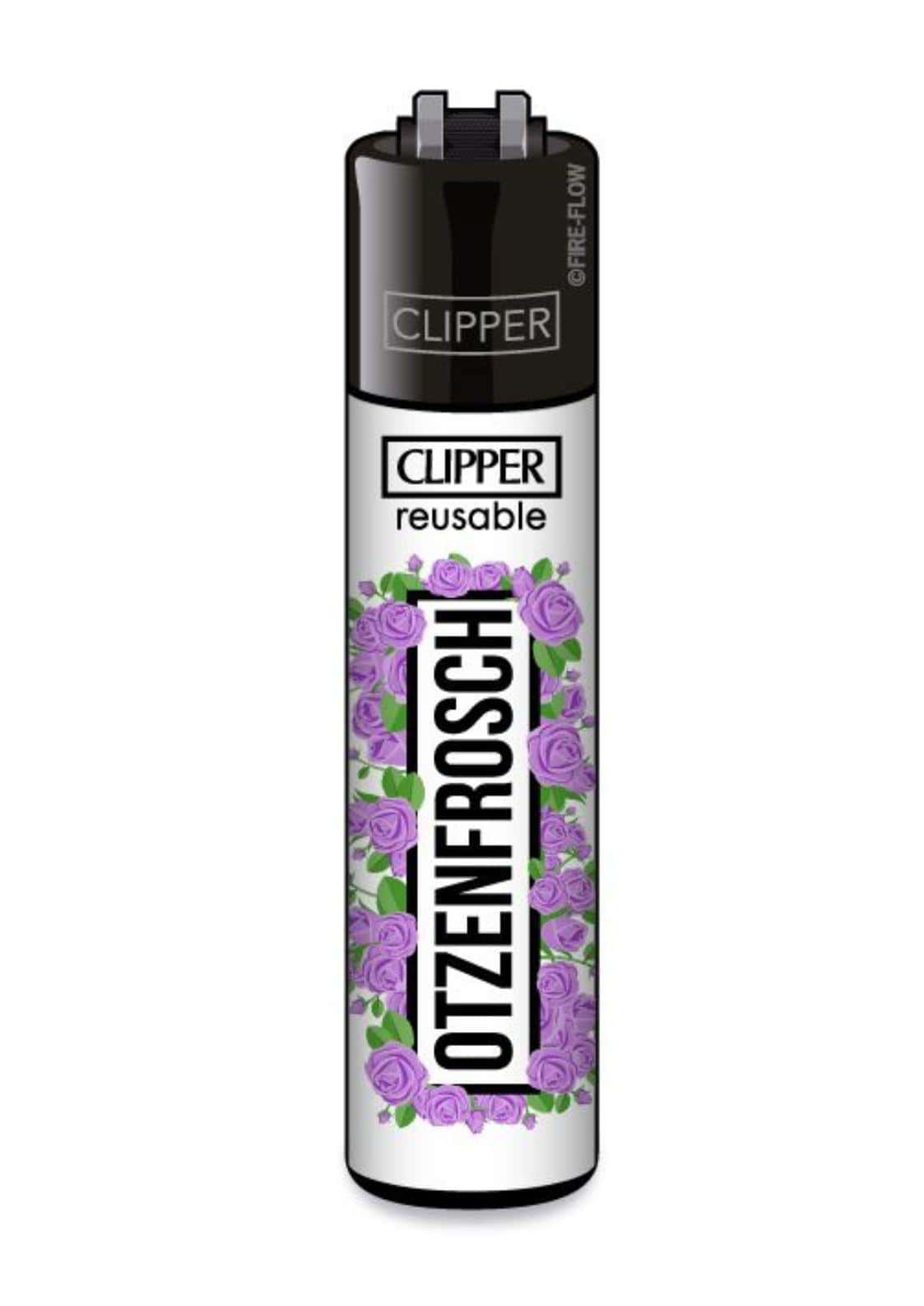 Otzenfrosch clipper feuerzeug nachfüllbar schwarz silber mit lila rosenmotiv ideal für gothic kleidung fans