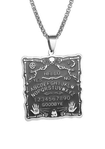 Silberfarbene ouija board halskette aus edelstahl mit gravierten buchstaben und symbolen, gothic horror charme