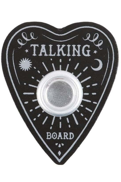 Schwarzes herzförmiges ouija board mit weißer verzierung und silbernem metallzentrum als kerzenständer