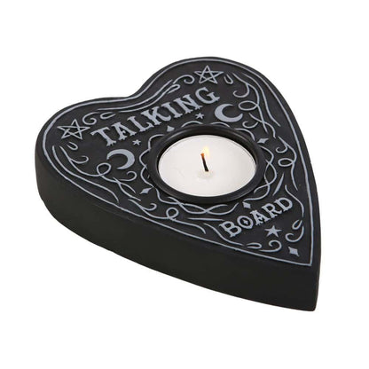 Schwarzer herzförmiger ouija board tealight kerzenständer mit silbernen gravuren und texten