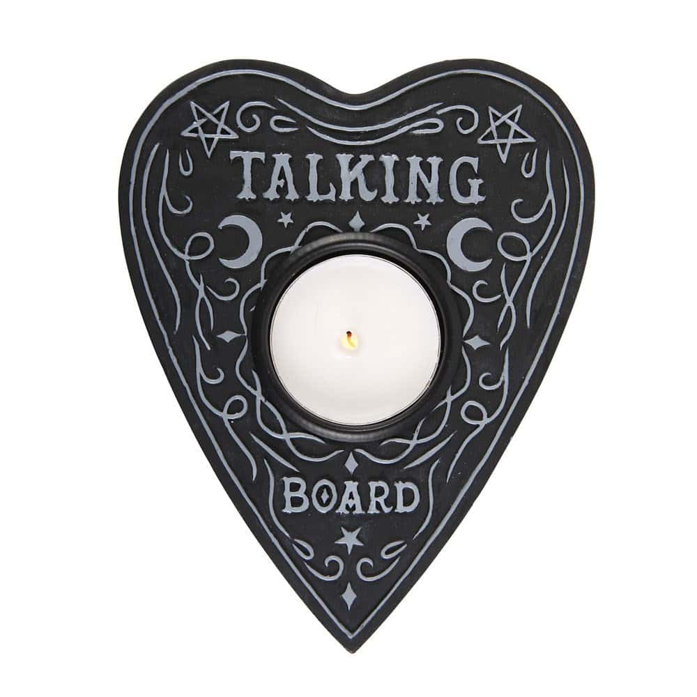 Schwarzer herzförmiger ouija board tealight kerzenständer mit silbernen gravuren und zentralem kerzenhalter