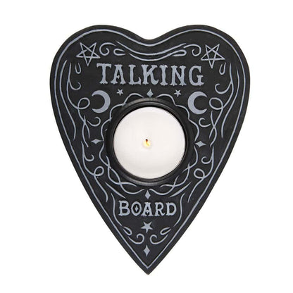 Schwarzer herzförmiger ouija board tealight kerzenständer mit silbernen gravuren und zentralem kerzenhalter