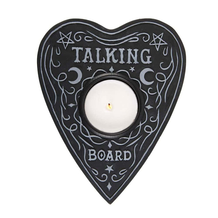 Schwarzer herzförmiger ouija board tealight kerzenständer mit silbernen gravuren und zentralem kerzenhalter