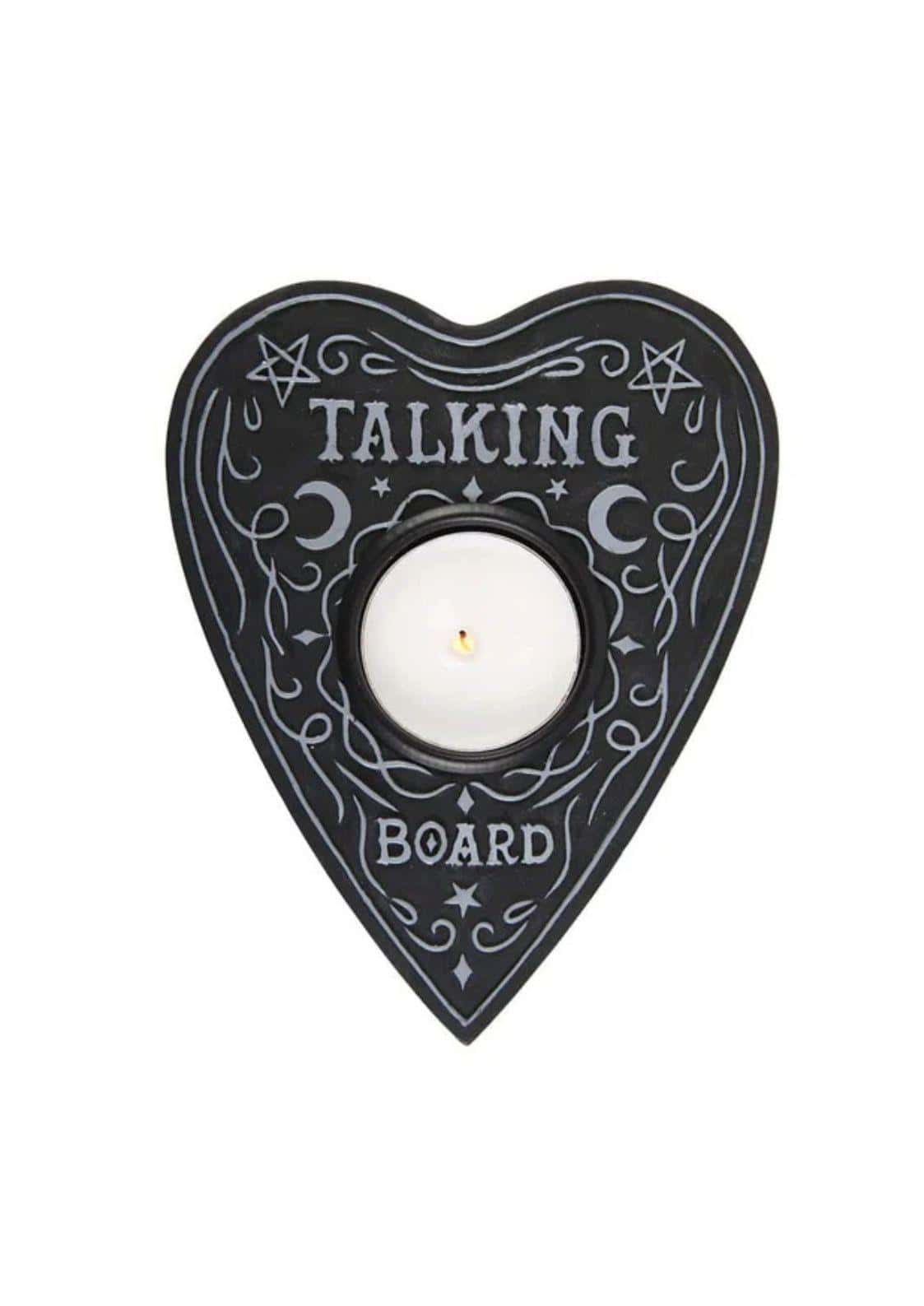 Schwarzer ouija board tealight kerzenständer in herzform mit silbernen gravuren und zentraler kerzenhalterung