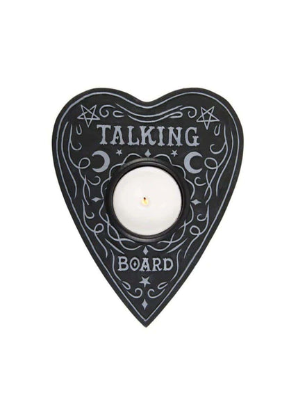 Schwarzer ouija board tealight kerzenständer in herzform mit silbernen gravuren und zentraler kerzenhalterung