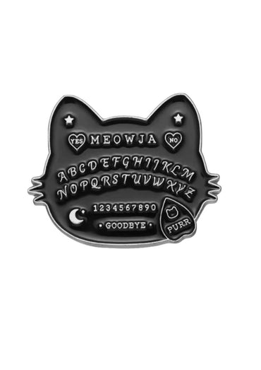 Black cat-shaped enamel pin with gothic Ouija design featuring bat pentagram for horror fans