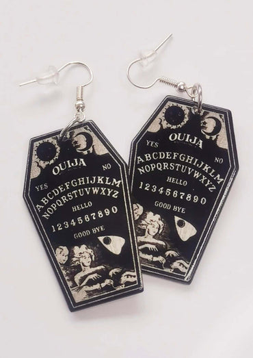 Black coffin-shaped ouija coffin black earrings with silver hooks and white etched designs