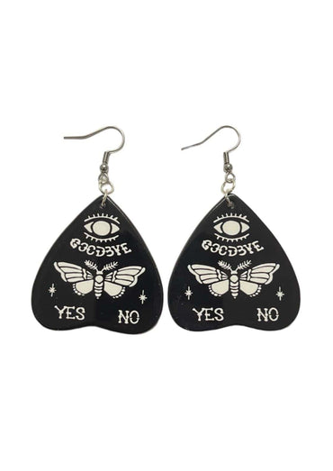 Schwarze teardrop-ohrringe mit weißen ouija goodbye designs und augen-, motten- und worten yes, no für gothic horror look