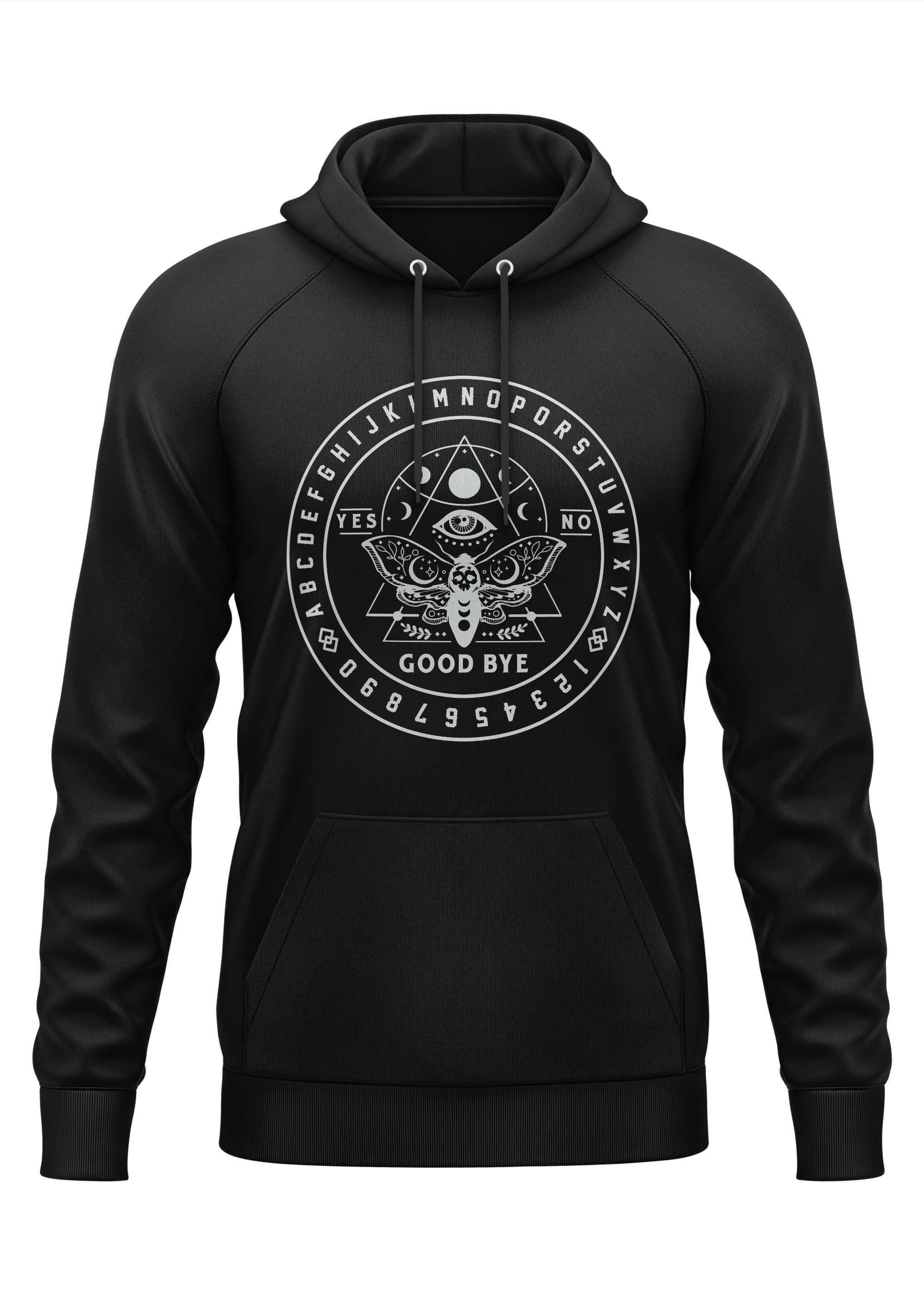 Schwarzer Hoodie Ouija Moth mit Auge, Motte und gothischen Buchstaben