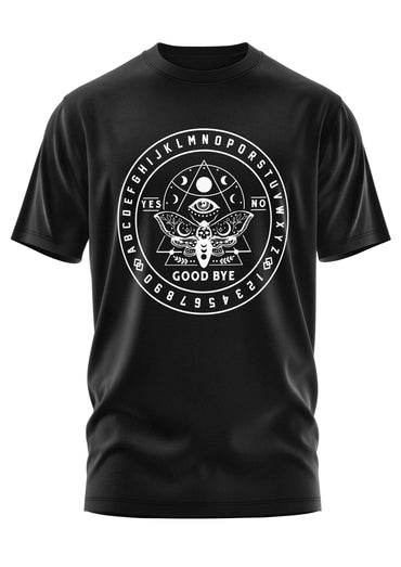 Schwarzes gothic kurzarmshirt bitte mit weißem kreisdesign aus auge, falter und alphabetbuchstaben horror motiv