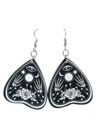 Black and white acrylic ouija rose earrings with gothic horror eyes hands stars moons and rose motifs
