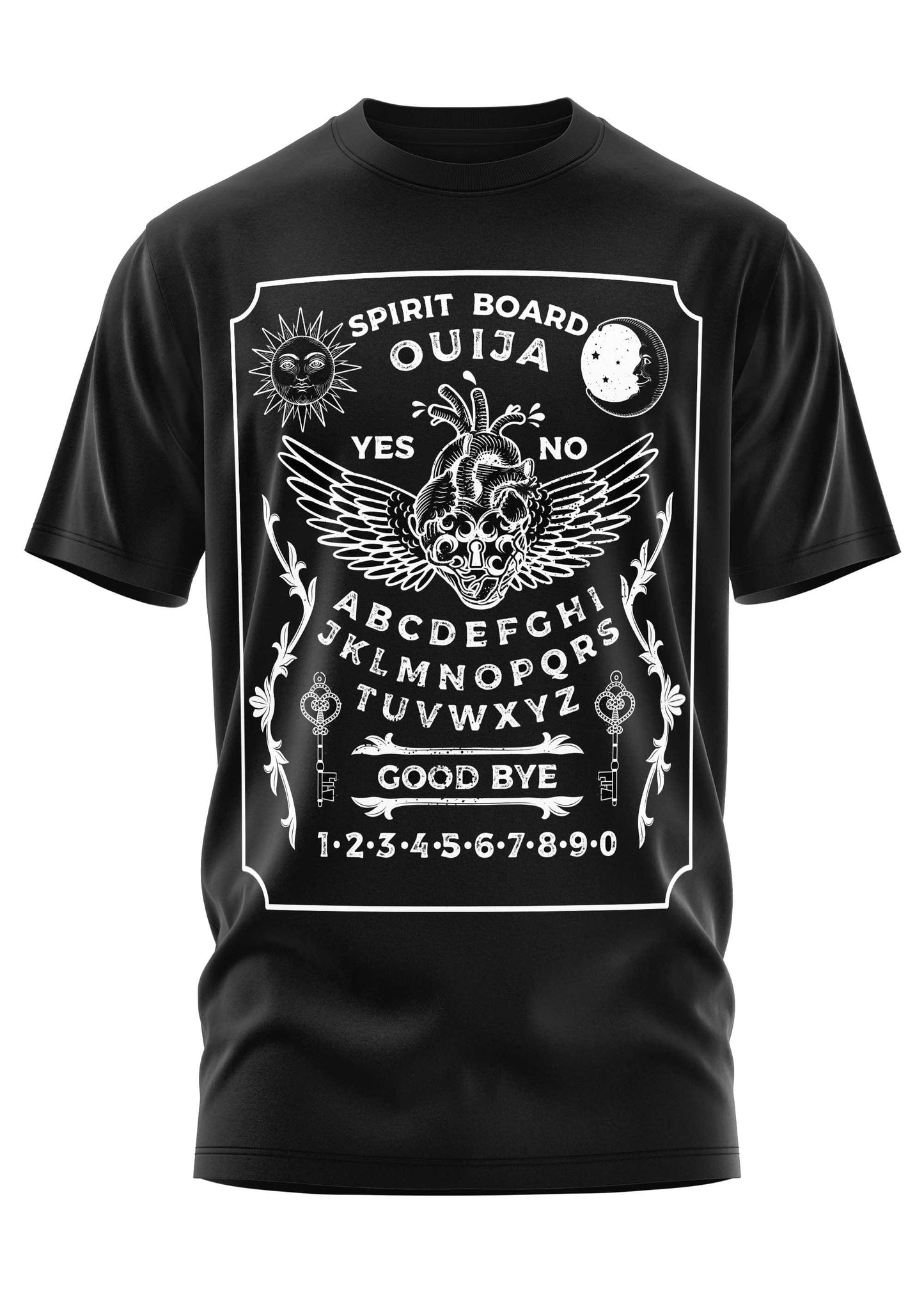 Schwarzes Gothic-T-Shirt OUIJABOARD mit weißem Ouija-Motiv