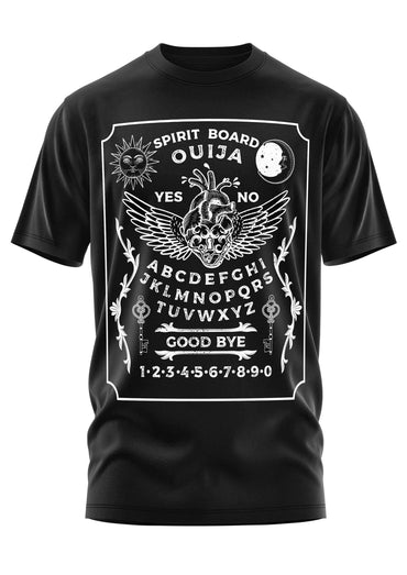 Schwarzes cotton t-shirt mit gothic ouijaboard spirit board design und herz schädel grafik für horror fans