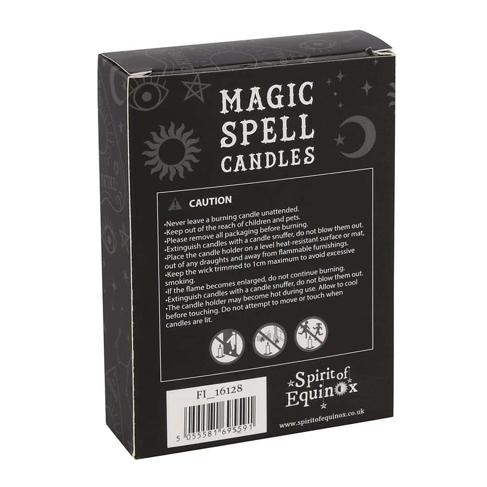 Schwarze rechteckige box mit weißen text und silbernen symbolen für 12 protection spell kerzen von spirit of equinox