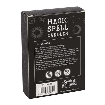 Schwarze rechteckige box mit weißen text und silbernen symbolen für 12 protection spell kerzen von spirit of equinox