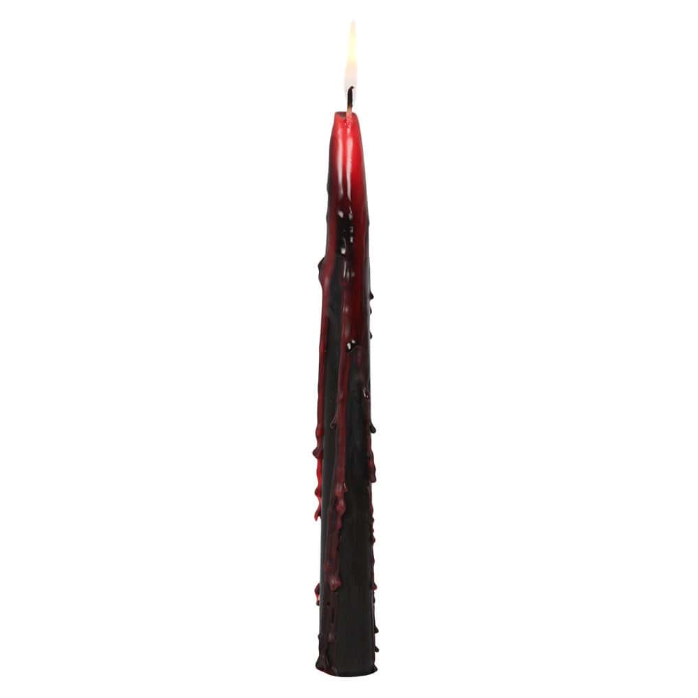 Pack of 4 vampire tears candles with tall slender dark red and black wax body dripping like blood topped by flame