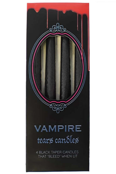Pack of 4 vampire tears candles black taper candles with red dripping accents and ornate silver trim in decorative box