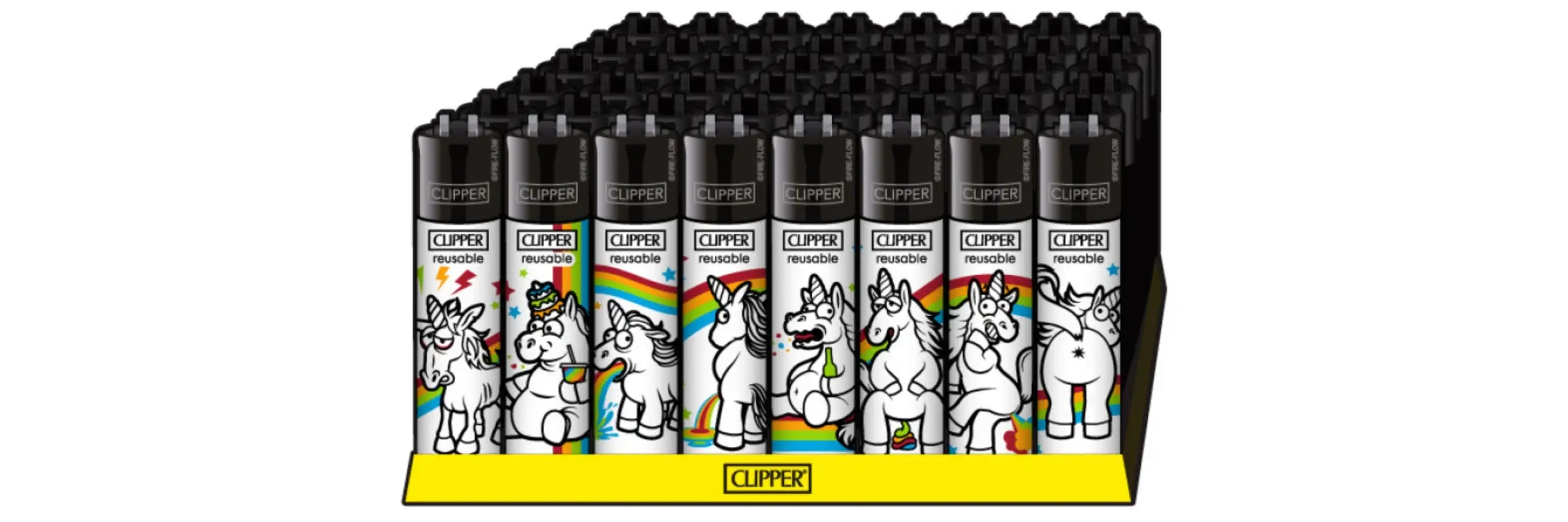Ein Pack schwarzer Clipper-Feuerzeuge, jedes mit einem farbenfrohen Regenbogen-Hintergrund und einem weißen Cartoon-Einhorn-Design.