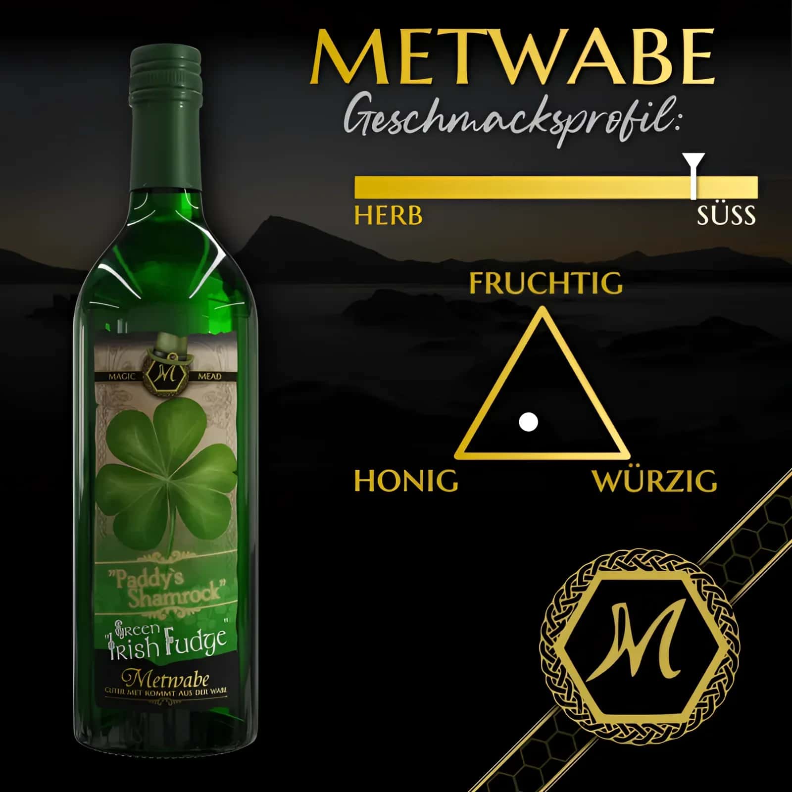 Grüne glasflasche herrlich grün glitzernder magic mead mit süßem irish fudge und shamrock magic mead etikett