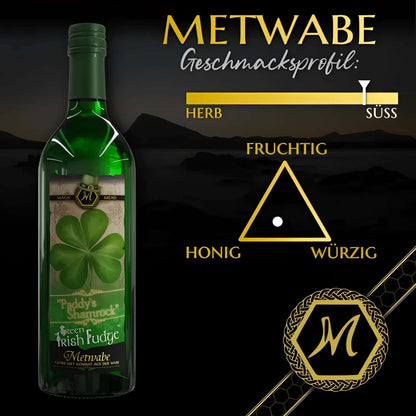 Grüne glasflasche herrlich grün glitzernder magic mead mit süßem irish fudge und shamrock magic mead etikett