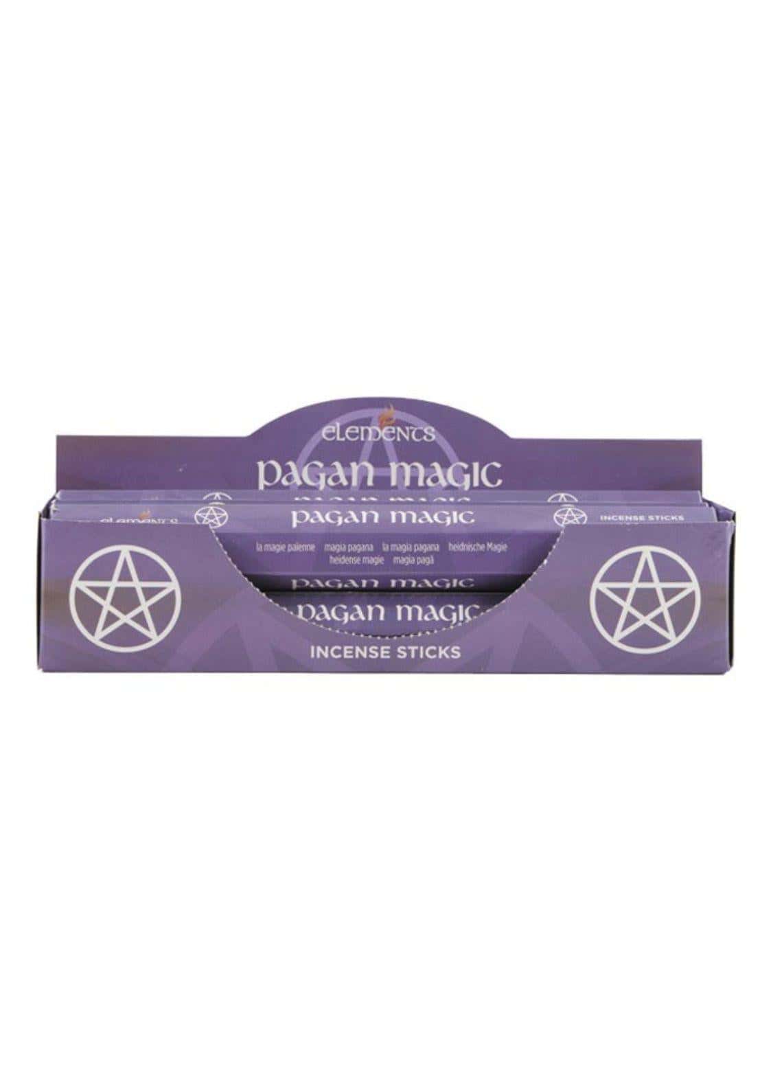 Lila papkarton-displaybox für pagan magic elements räucherstäbchen mit weißen pentagramm symbolen im gothic stil