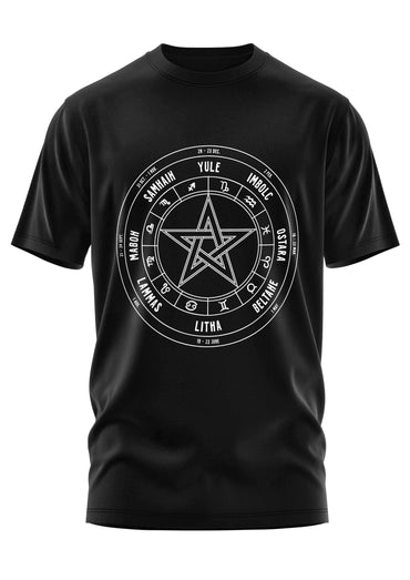 Schwarzes schweres unisex t-shirt mit strapazierfähigem stoff und pagan wheel pentagramm design