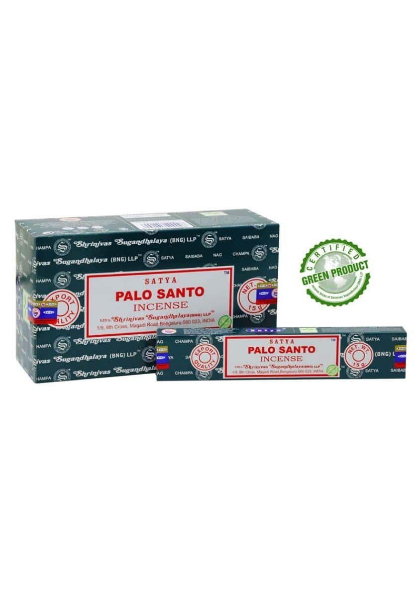 Dunkelgrüne rechteckige satya palo santo räucherstäbchenbox mit roter und weißer beschriftung für gothic horror fans