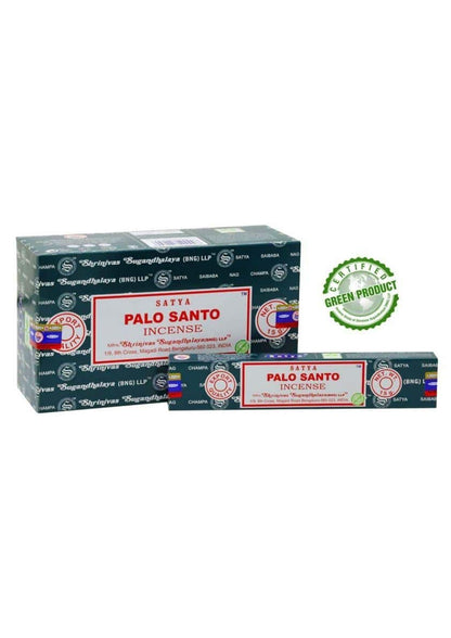 Dunkelgrüne rechteckige satya palo santo räucherstäbchenbox mit roter und weißer beschriftung für gothic horror fans