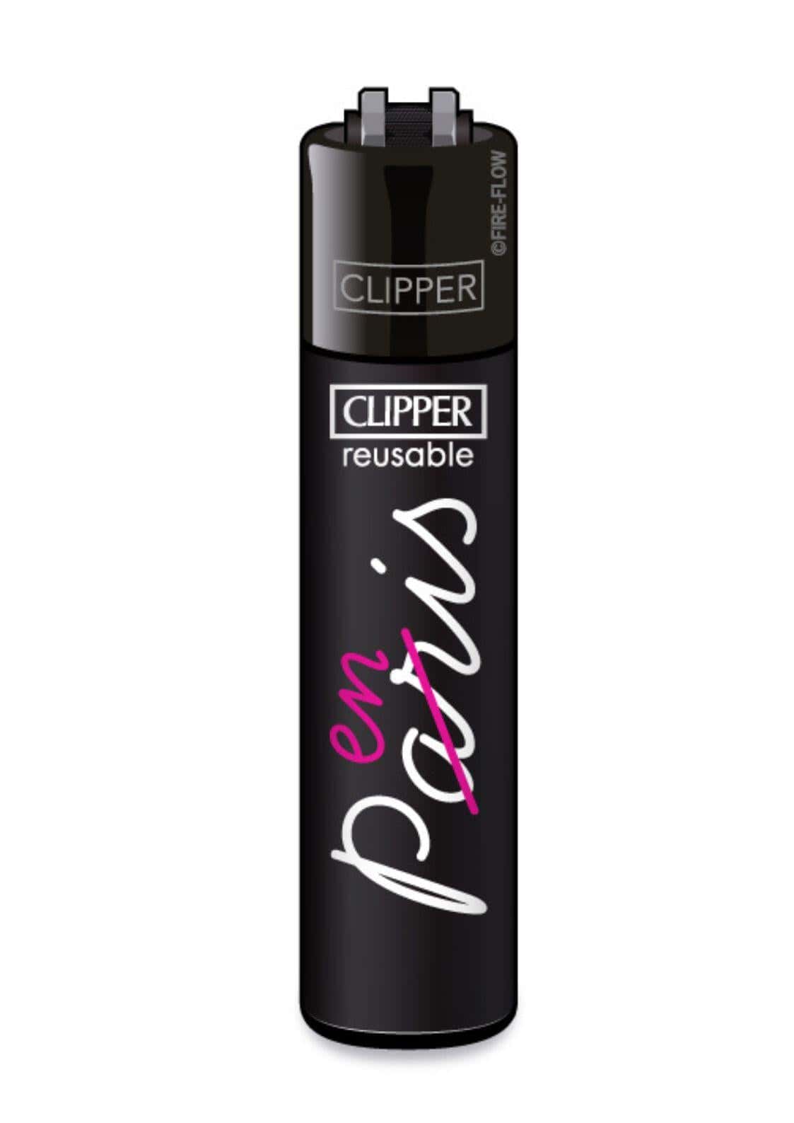 Schwarzes clipper feuerzeug nachfüllbar mit love club design und elfenbeinfarbener en paris schrift in rosa cursive