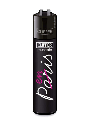 Schwarzes clipper feuerzeug nachfüllbar mit love club design und elfenbeinfarbener en paris schrift in rosa cursive