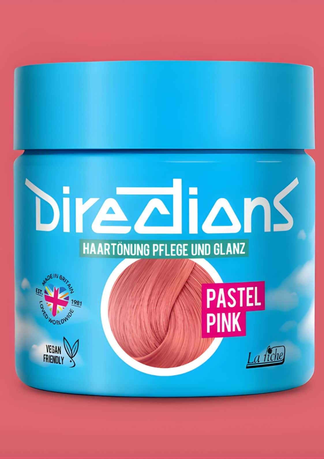 Eine lebendige blaue dose pastel pink directions semi-permanente haartönung für blondiertes haar mit rosa farbfeld