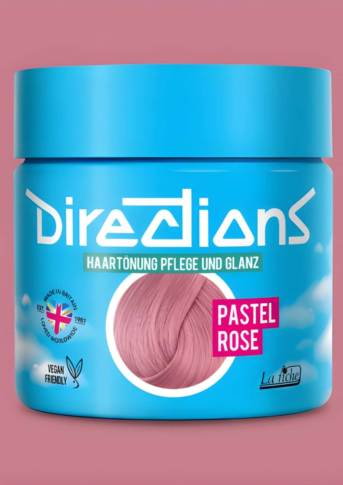 Eine lebendige blaue zylindrische dose directions semi-permanente haartönung in pastell rose für blondiertes haar