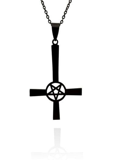 Schwarze edelstahl halskette mit pentagramm kreuz schwarz und umgekehrtes kreuz design in matter oberfläche