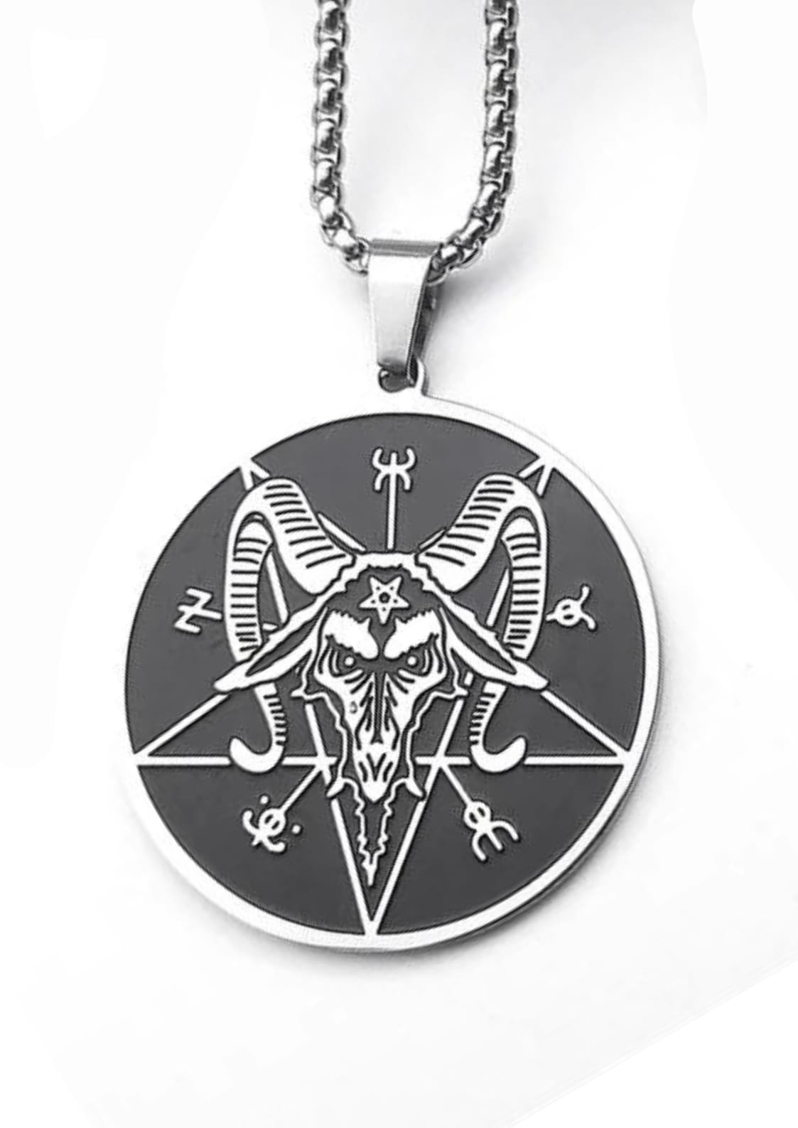 Silbernes Baphomet-Pendant mit Pentagramm-Ziegenmotiv, gotisch, Metallkette